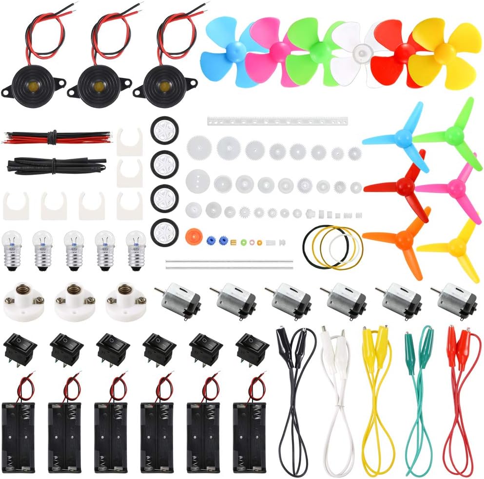 Sntieecr 131 PCS DC Motors Kit, Mini Motor eléctrico 1.5-3V 15000RPM con 66 PCS Engranajes de plástico, Eje de hélice, Bombillas, Zumbador Sirena para Kid DIY Proyecto de ingeniería Stem