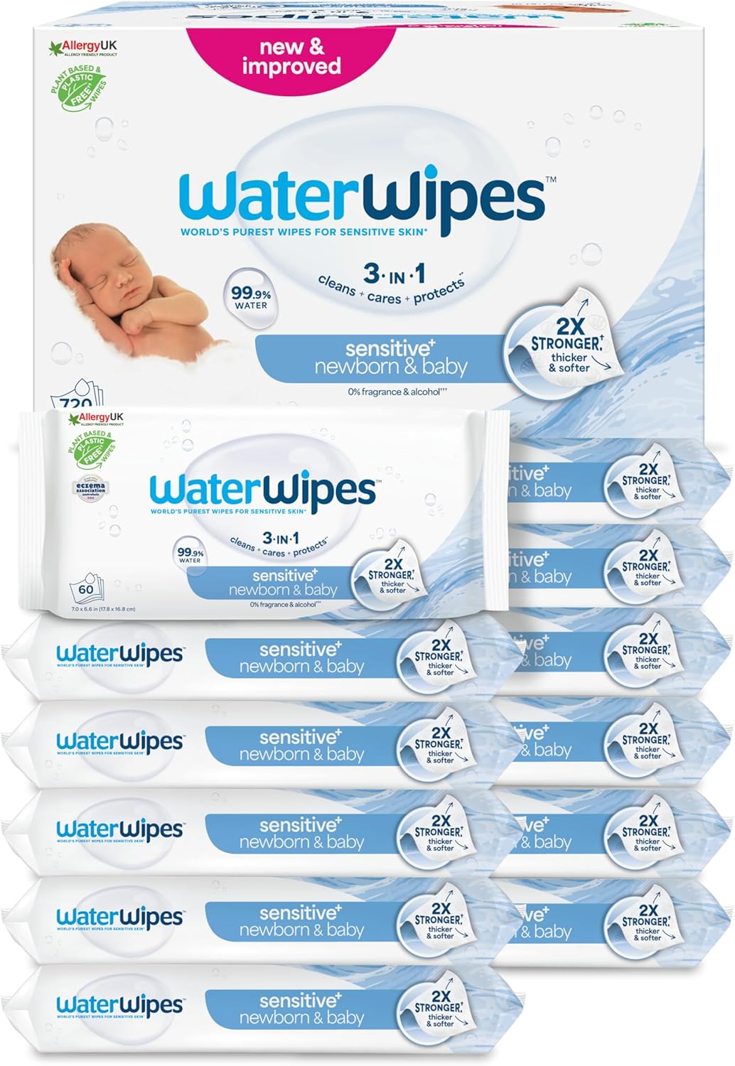 WaterWipes Sensitive+ Newborn & Baby Wipes - Toallitas Para Recién Nacidos y Bebés 720 unidades
