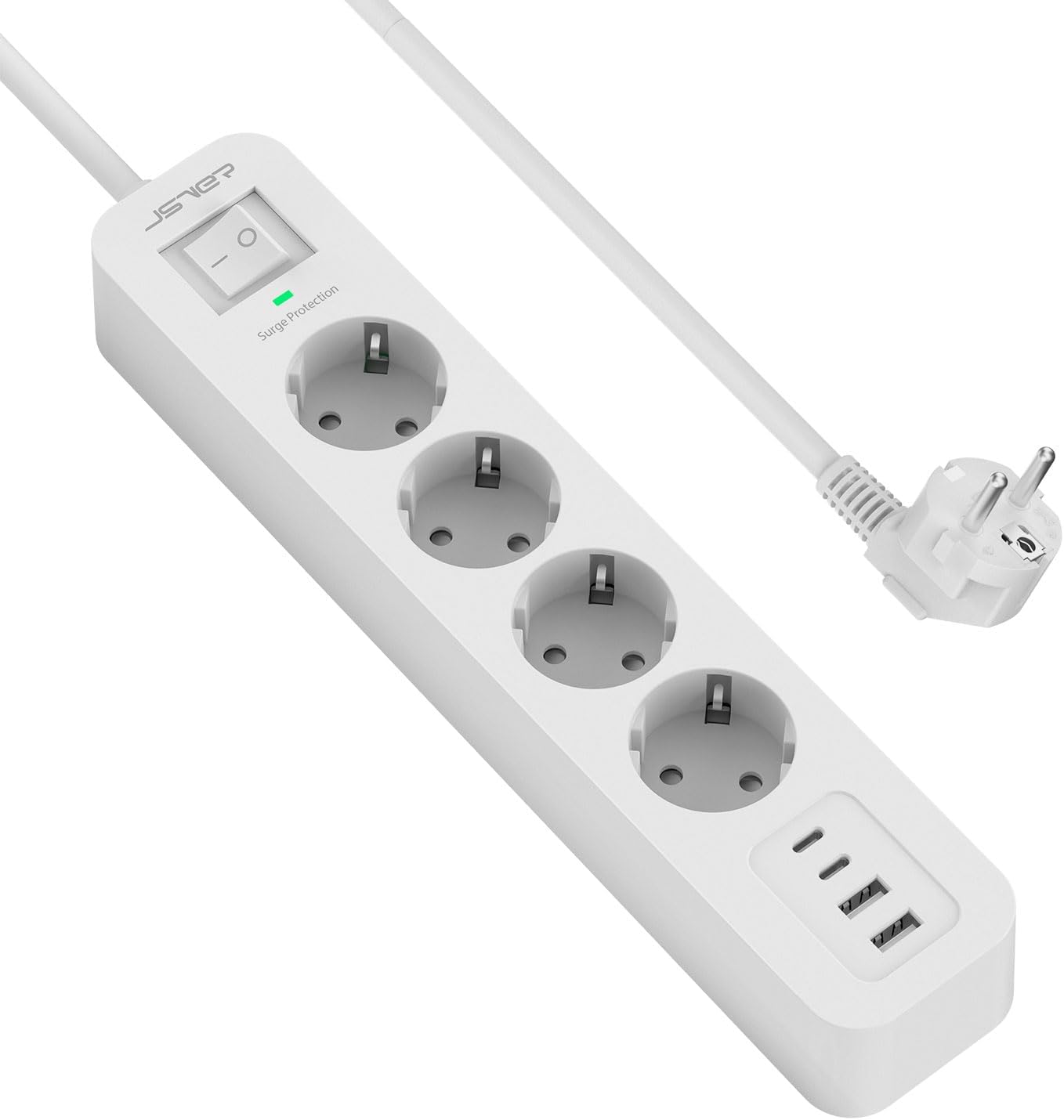JSVER Regleta Enchufe 4 Puertos USB (3 USB A+1 USB C) y 4 Tomas con Protección Sobretensión Cable 2m Blanco