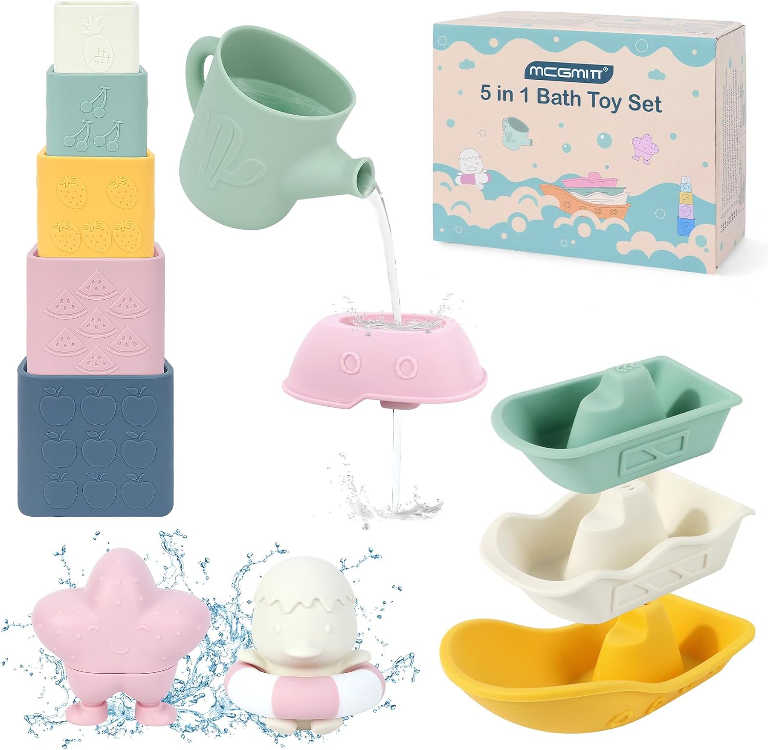 MCGMITT Juguetes Montessori para Bebés Set de Baño de Silicona 12 Piezas BPA-Free