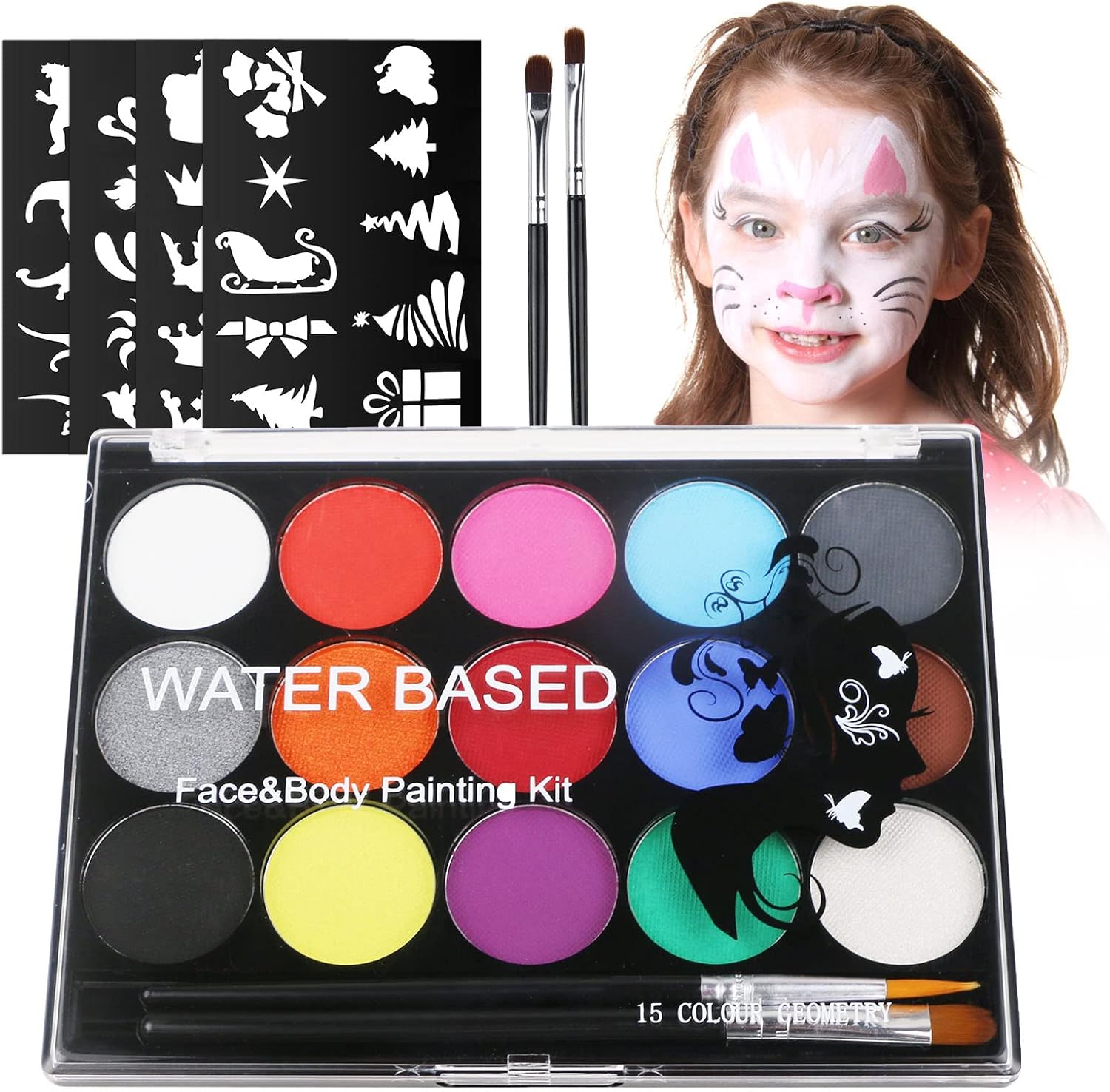 URAQT Pintura Corporal y Facial, 15 Colores Seguridad No Tóxica con 32 Plantillas y 2 Pinceles
