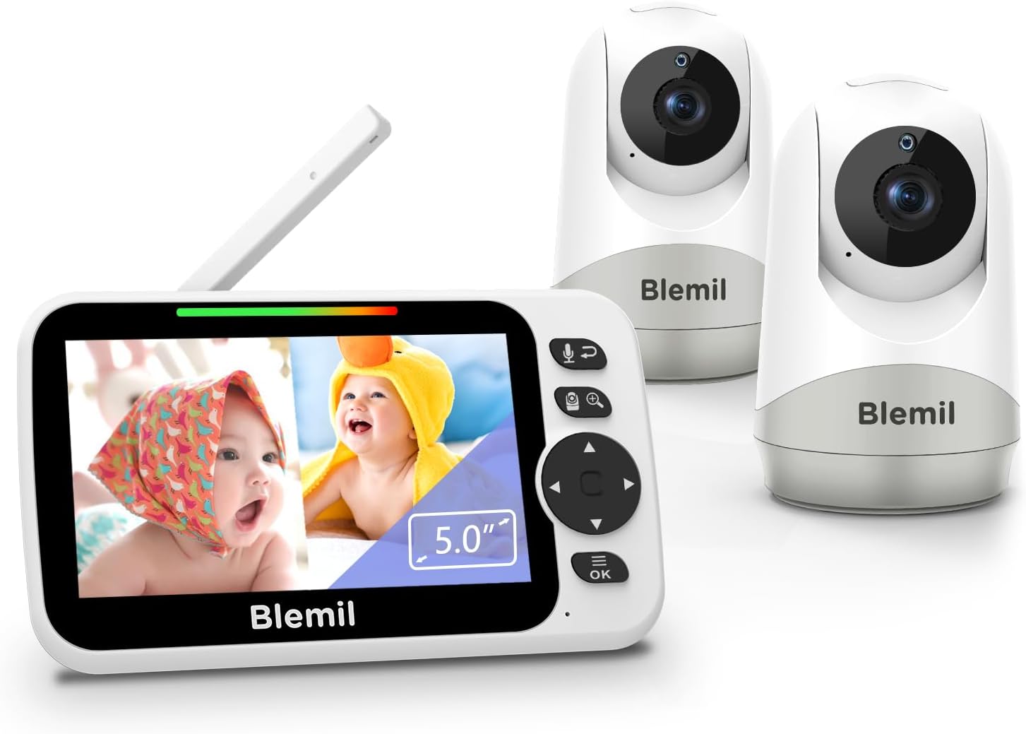 Blemil Monitor para bebés Mejorado con Pantalla de 5 Pulgadas y 2 Cámaras