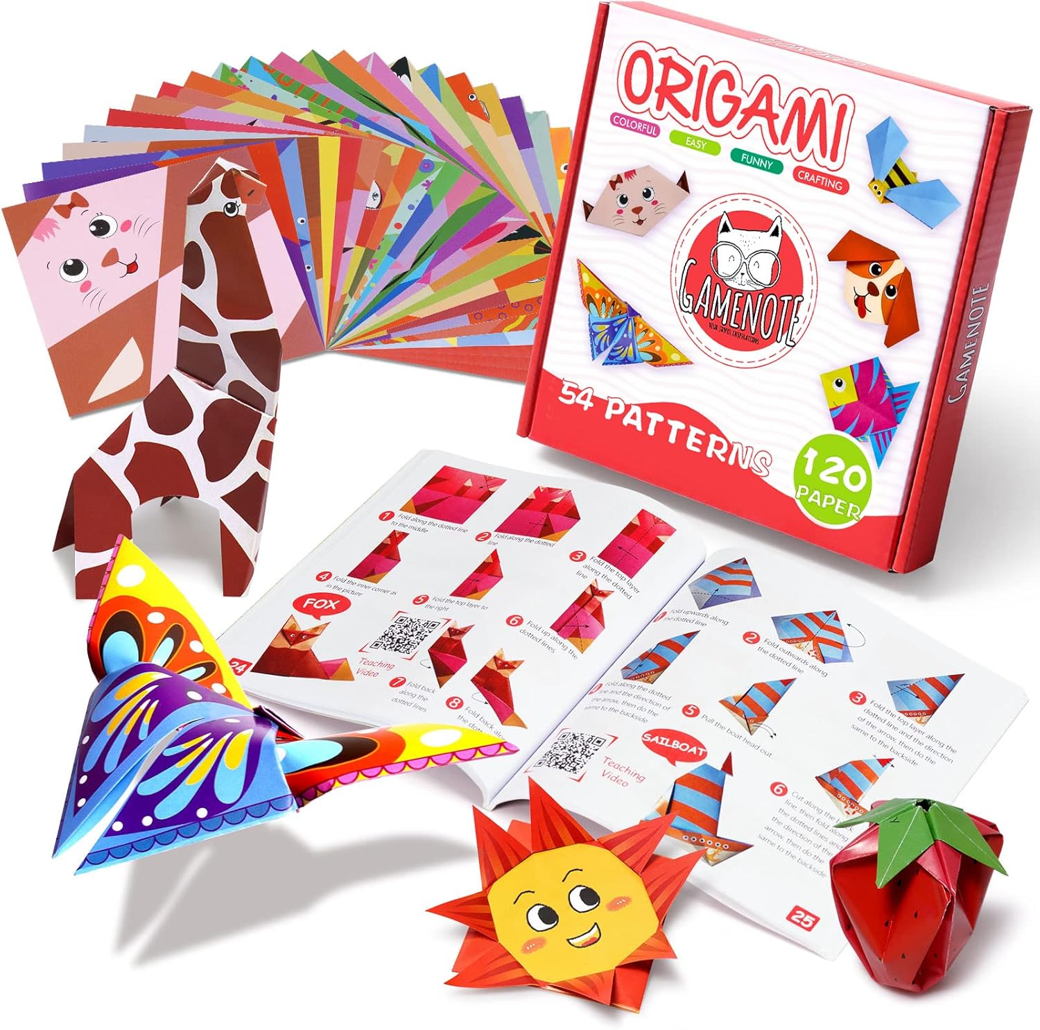 Gamenote Papel Origami, 120 hojas de Origami infantil doble cara con 54 diseños diferentes