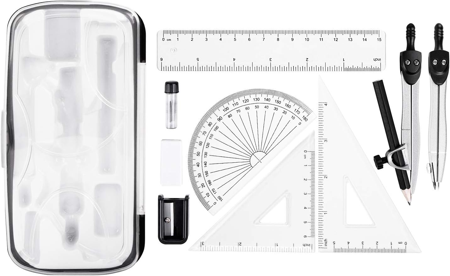 Amazon Basics Kit para matemáticas de 10 piezas, con compases, lápiz de grafito, goma de borrar, sacapuntas, transportador, triángulo, regla y estuche
