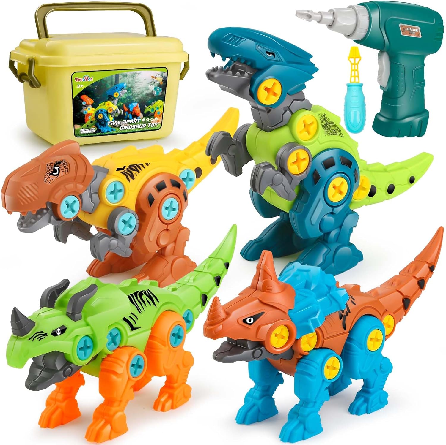 Dreamon Dinosaurios Juguetes para Niños 3 4 5 6 7 Años con Caja de Almacenamiento Taladro Eléctrico Construccion