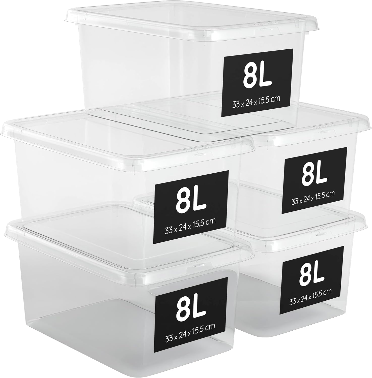 AHIOVA 5 Cajas Almacenaje Plástico 8L 33x24x15,5 cm Transparentes con Tapa