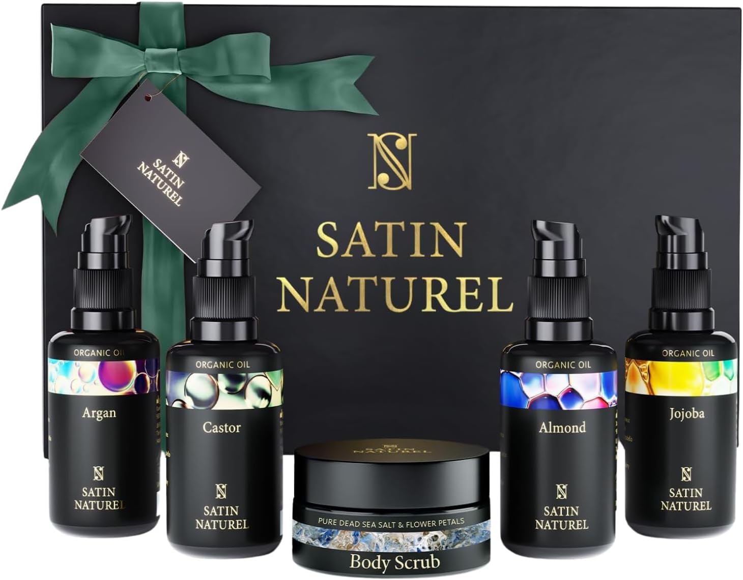 Satin Naturel Set de Regalo de Lujo para Mujer 5x30 ml – Aceites de Argán, Ricino, Almendra, Jojoba y Exfoliante Corporal con Sal del Mar Muerto