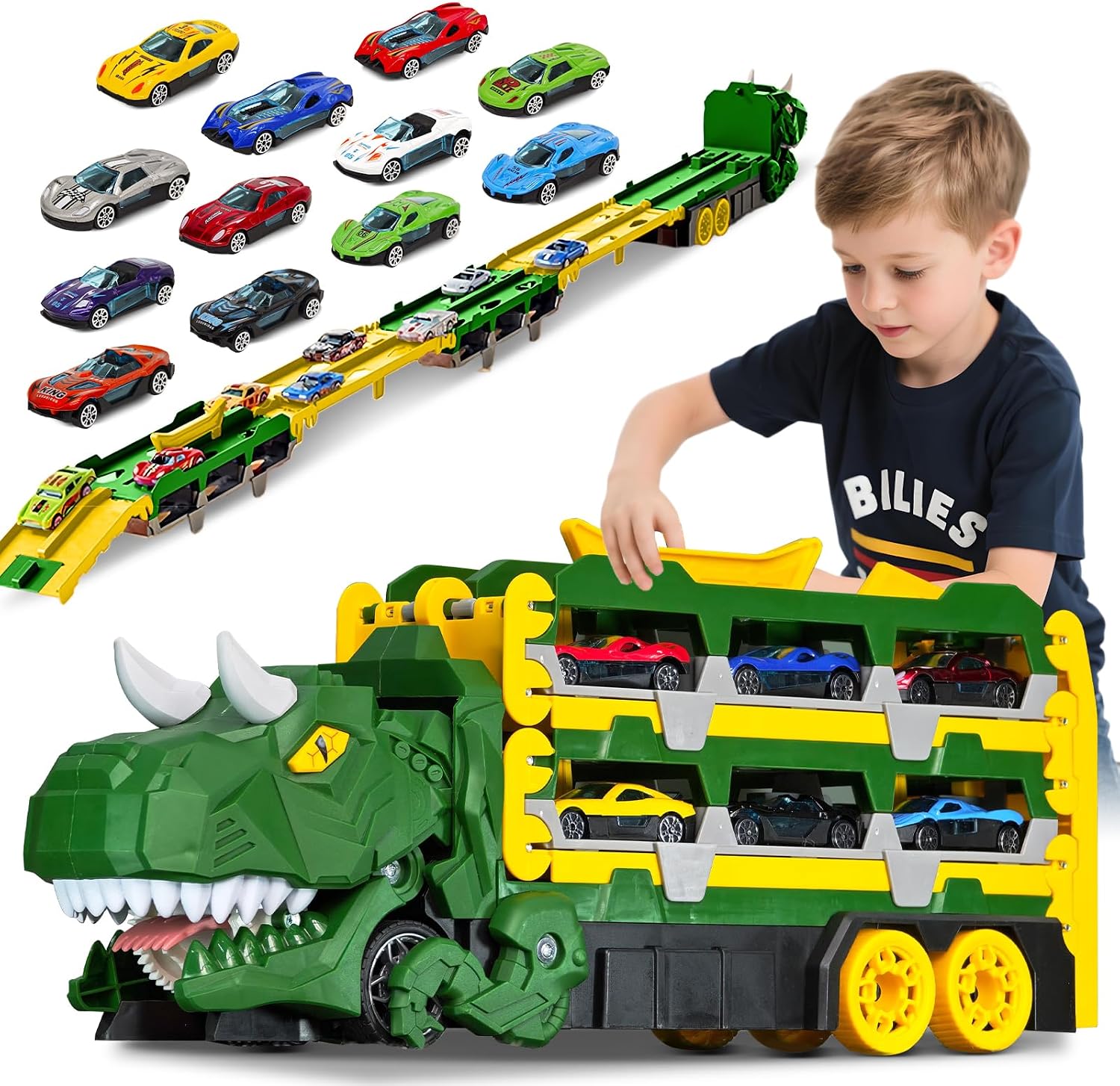 Sternstunde Pista de Carreras con Camión de Transporte, 12 Mini Coches, Juguete Portátil para Niños 3-5 Años (Verde)