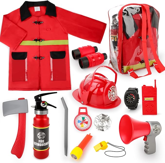 deAO 14 Piezas Disfraz de Bombero Niños, Traje de Bombero Infantil con Casco, Extintor y Accesorios