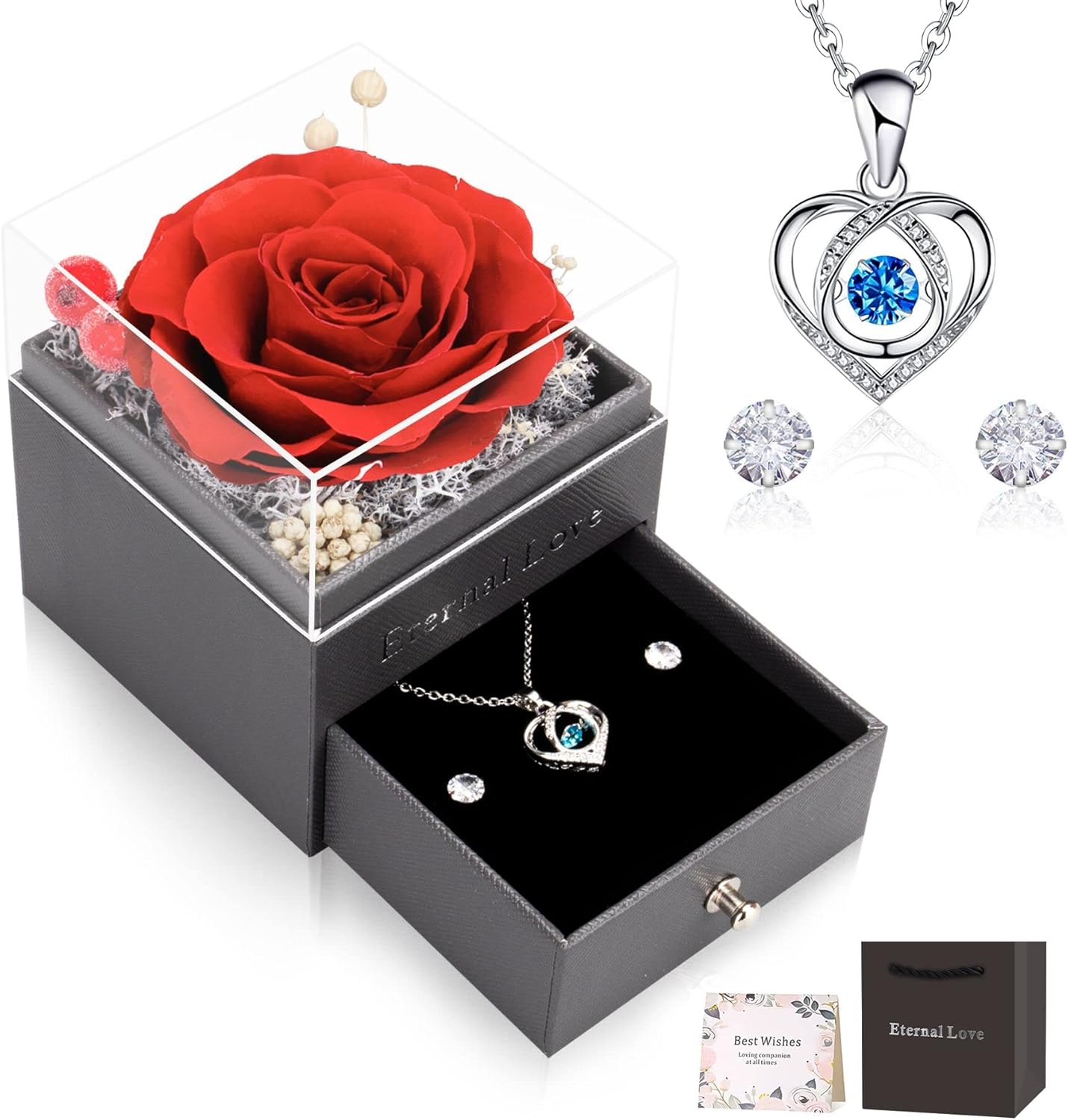CSYY Rosa Eterna, Caja de Regalo de Rosa Preservada con Collar de Corazón y Aretes de Botón