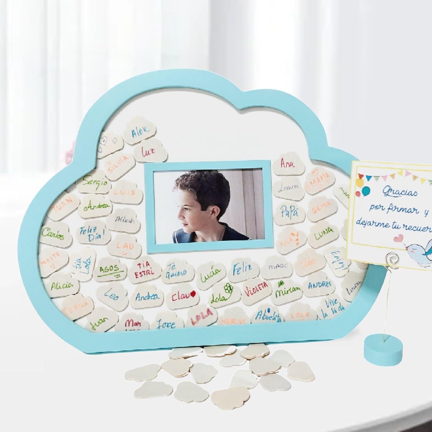 Libro de firmas comunión niña con Foto. Marco de Madera. 50 Nubes para Firmar Verde Claro