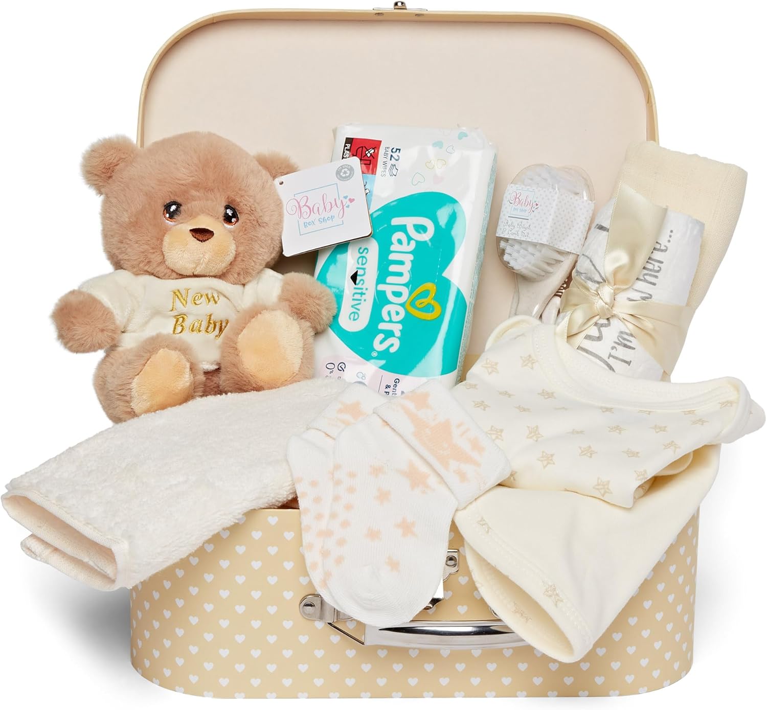 Cesta de Bebé Recién Nacido Estilo Maletín – Caja de Recuerdos de Bebé Crema con Osito, Muselina, Ropa y Otras Cosas de Bebé Esenciales