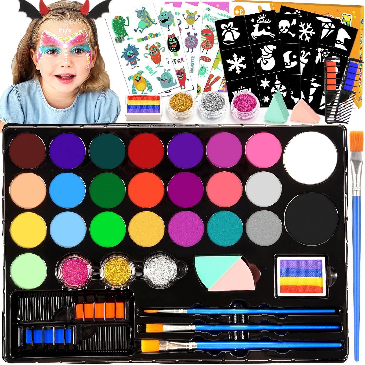 Pinturas Cara para Niños, 28 Colores Pintacaras Infantil con 30 Tatuajes Plantillas Diadema de Monstruo