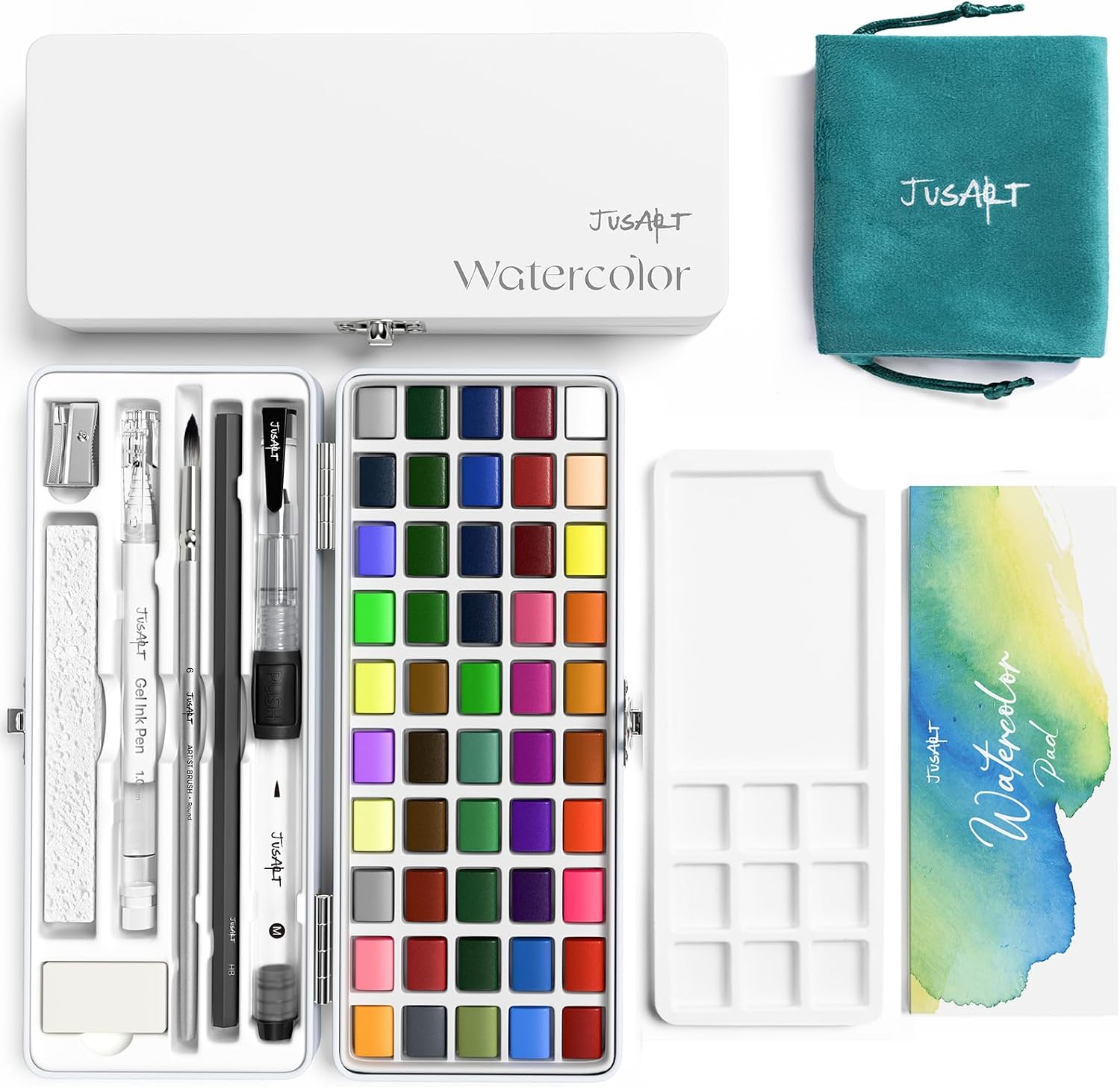 JusArt Juego de pintura de acuarela de 50 colores con suministros de arte