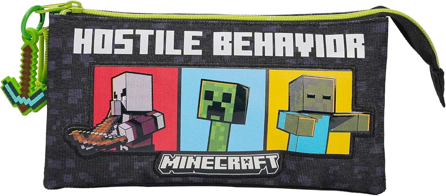 CYPBRANDS- Minecraft, Estuche Triple, Portatodo, 5 Compartimentos, Material Escolar, Color Negro, Producto Oficial