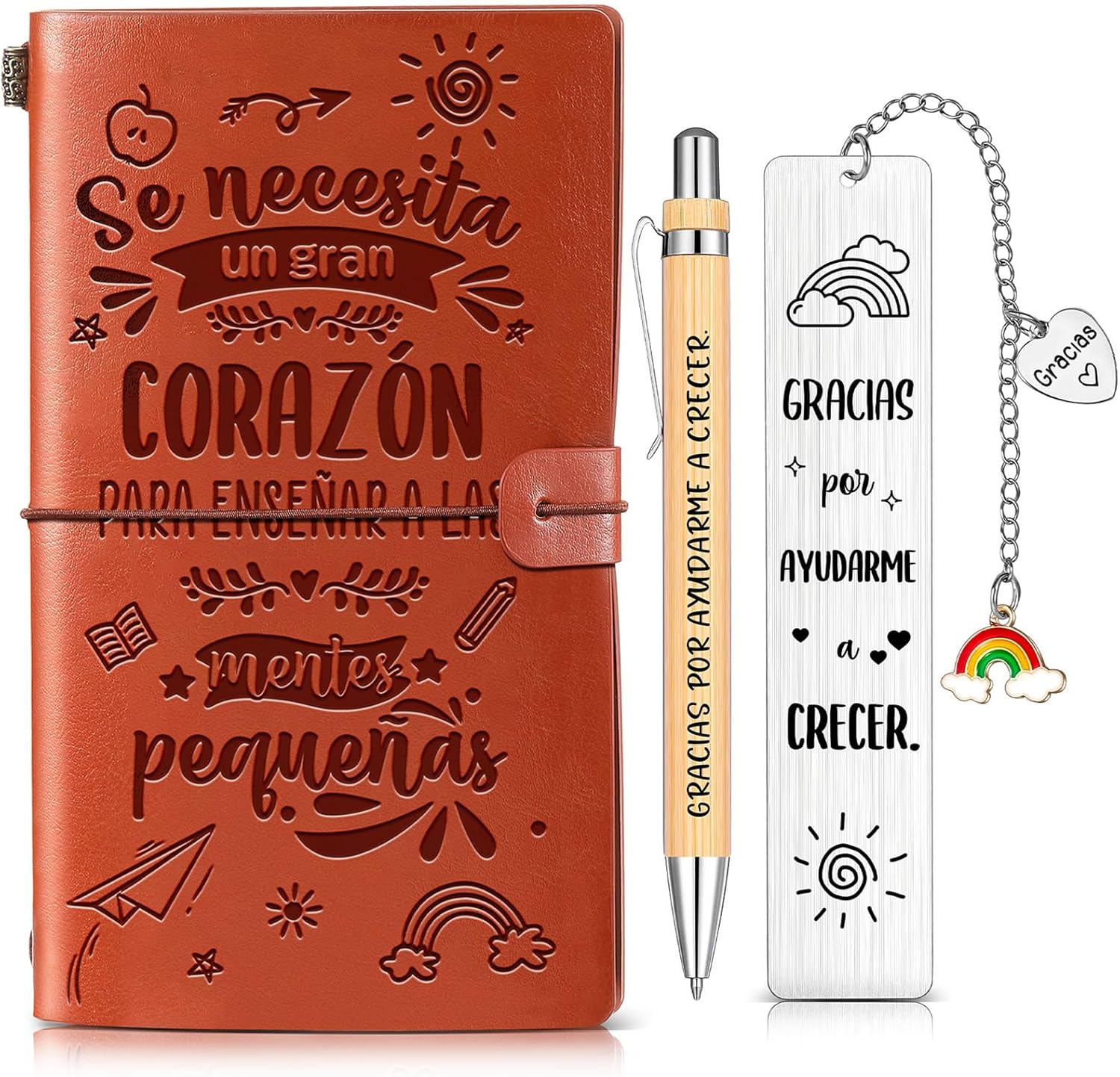 Clabby 3 Regalos de Profesores para Fin de Curso Incluye Cuaderno con Tapa de Cuero, Marcador de Libros Creativo para Profesores Bolígrafo de Madera Grabado de Agradecimiento para Maestras Graduación