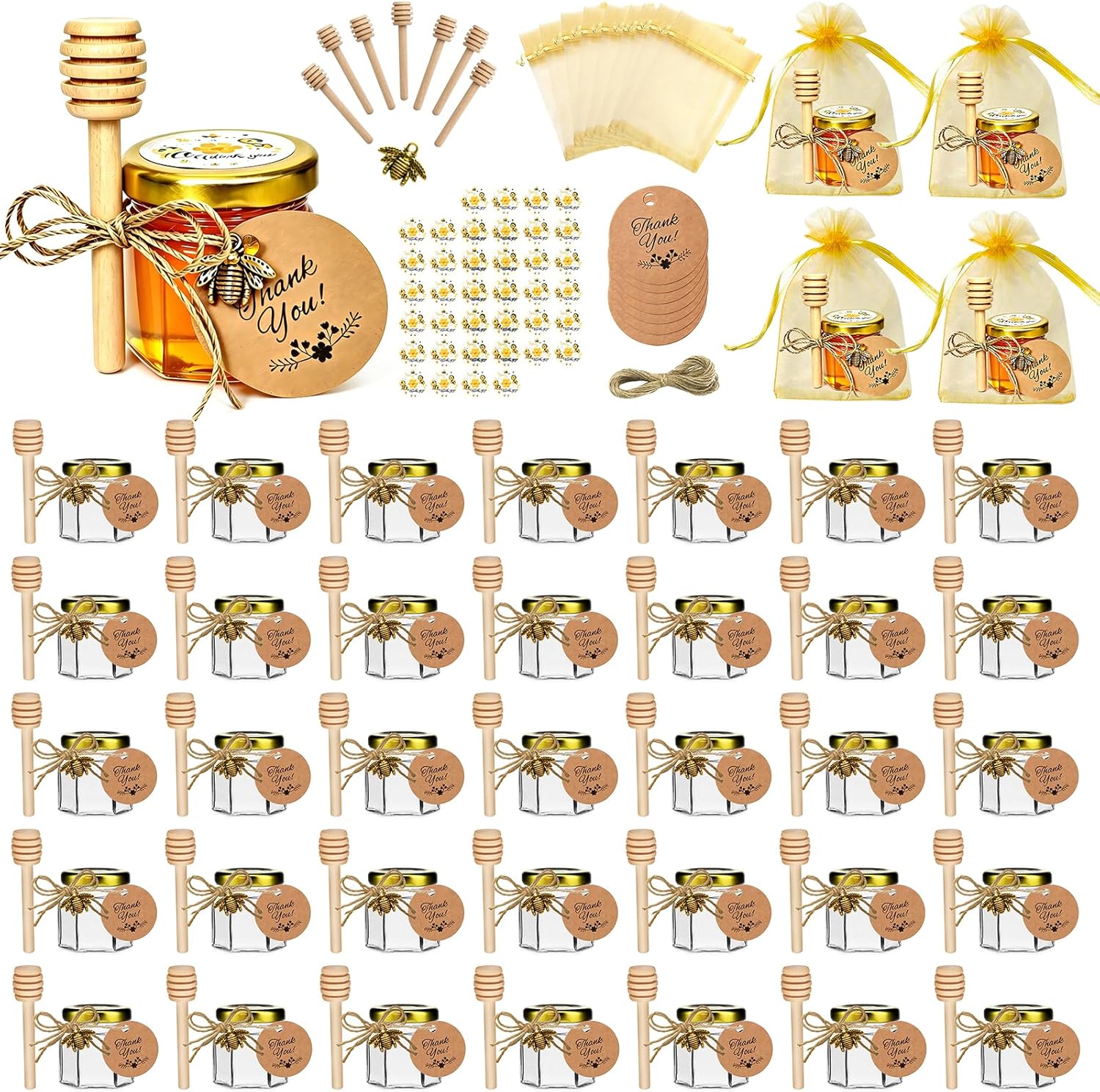 Hapneyea 40 paquetes de latas de miel de vidrio de 1,5 onzas con cucharas, colgantes de abejas, bolsas de regalo, tarjetas de agradecimiento y pegatinas