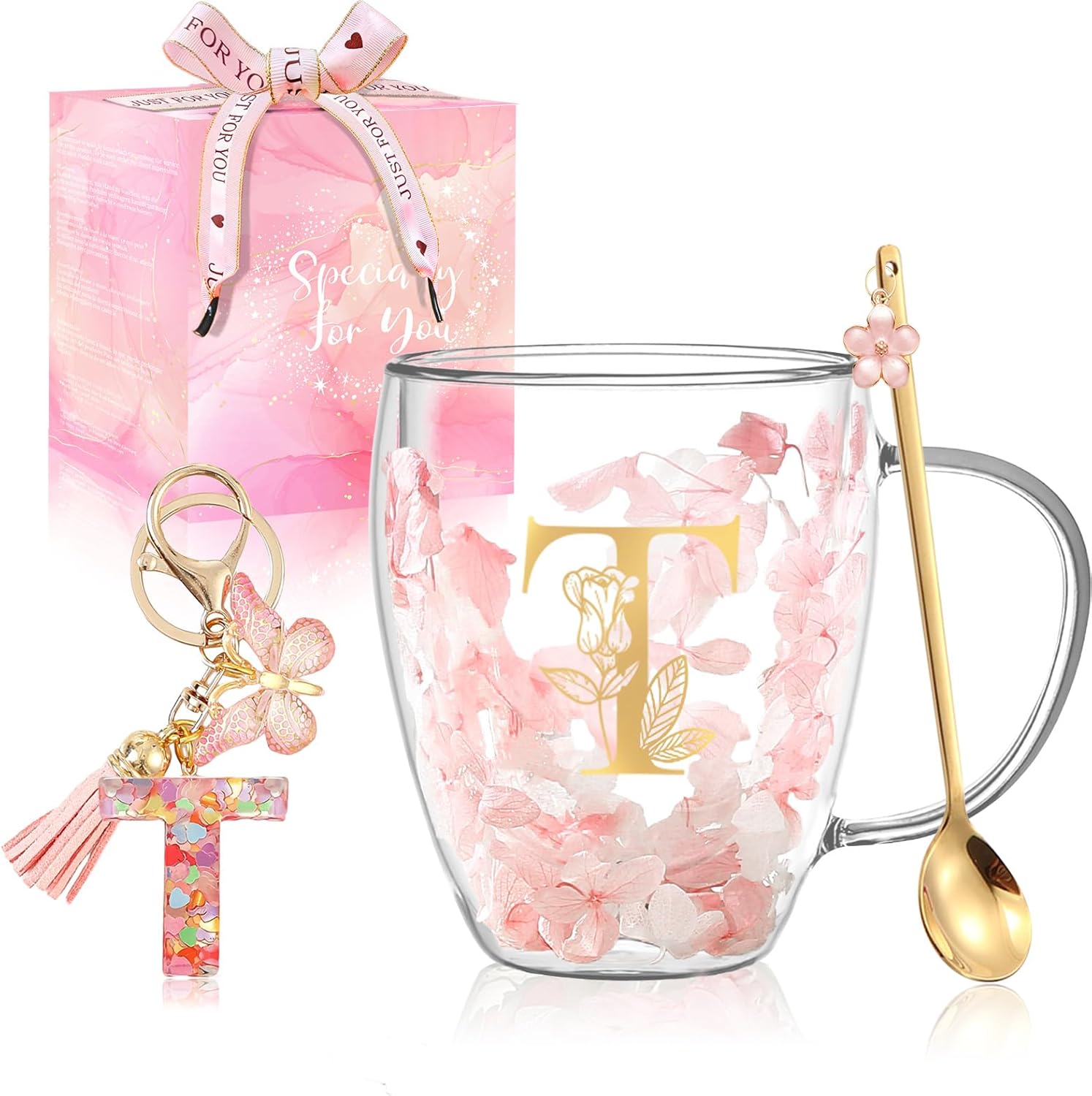 Vasos de café de doble pared personalizados con flores secas e inicial dorada - Marca BigNoseDeer