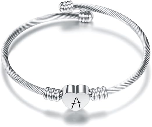Suonie Plata Amor Corazón 26 Letra Inicial Alfabeto A-Z Pulsera Joyería Regalo Ajustable