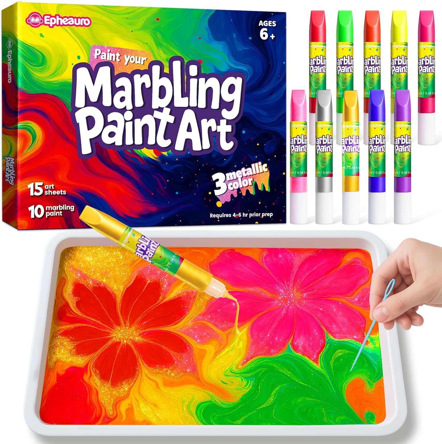 Epheauro Kit de Pintura Marmoleada en Agua para Niños – Oro, Plata y Oro Rosa Metálicos