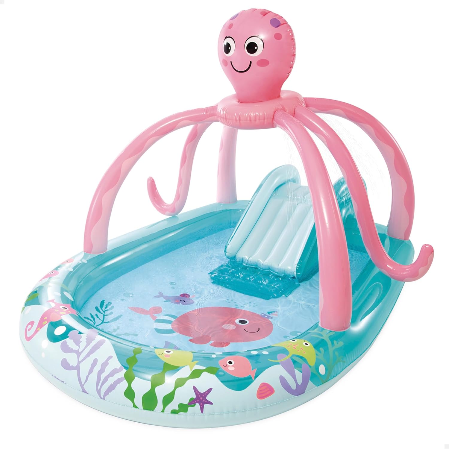 INTEX Piscina Infantil Hinchable con tobogán con Base Acolchada, dispersor de Agua y Juego Lanzamiento Anillas, Diseño Pulpo