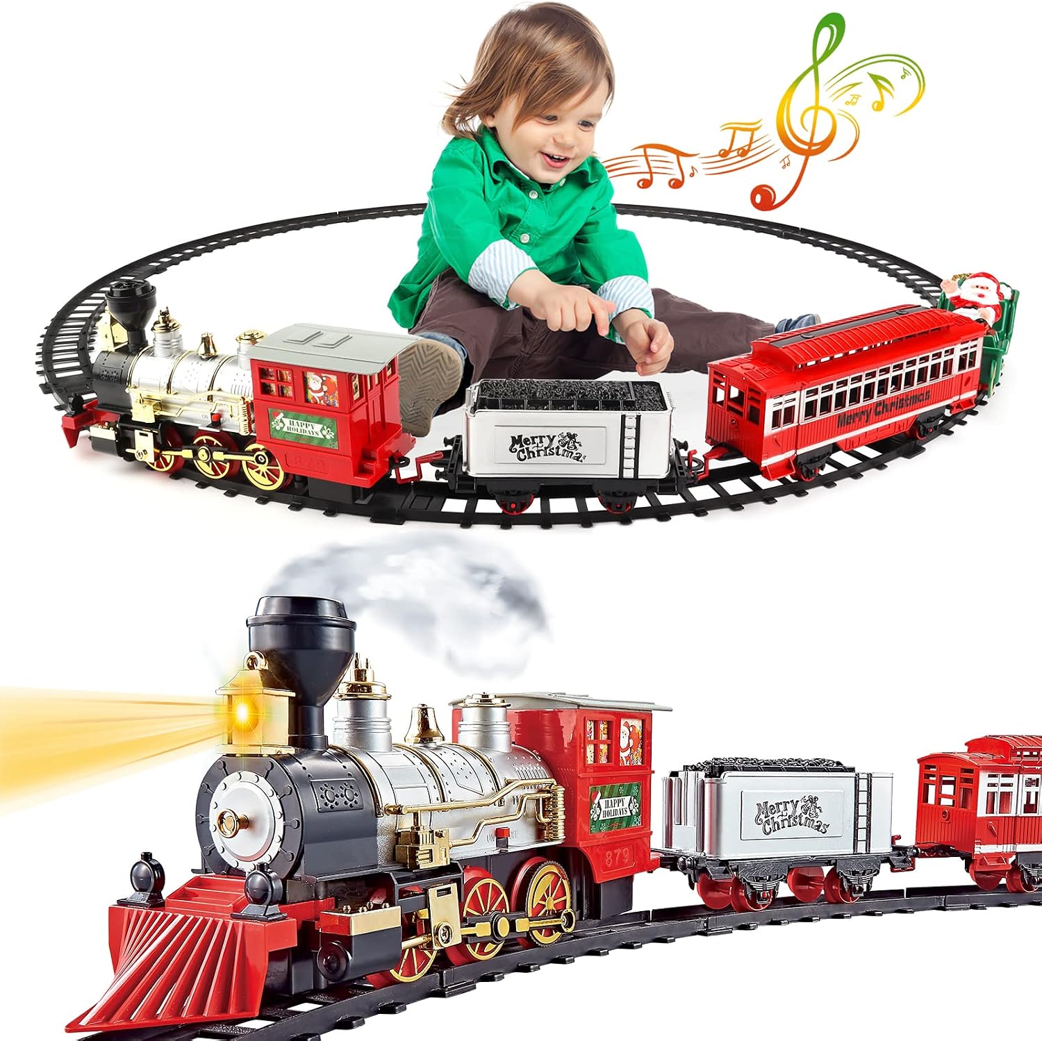 deAO Tren Eléctrico Juguete Niños, Tren Árbol de Navidad y 4 Coches