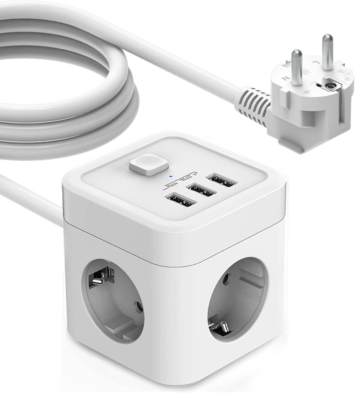 JSVER - Regleta de Cubo, 3 Tomas, 3 Puertos USB, Cargador (3680 W, 16 A), Protector contra sobretensión, pararrayos, Interruptor, Cable de 3 m, Blanca