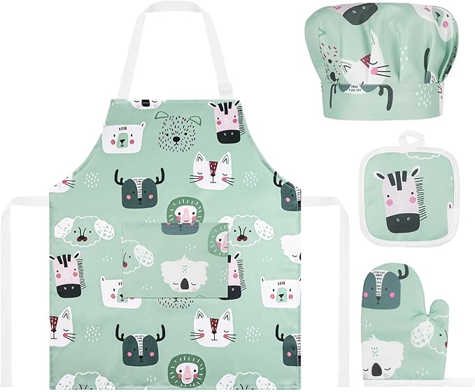 ABOHU Delantal Cocina Niños, Delantal para Niños+Gorro De Cocinero,Ajustable Niñito Delantales con bolsillos