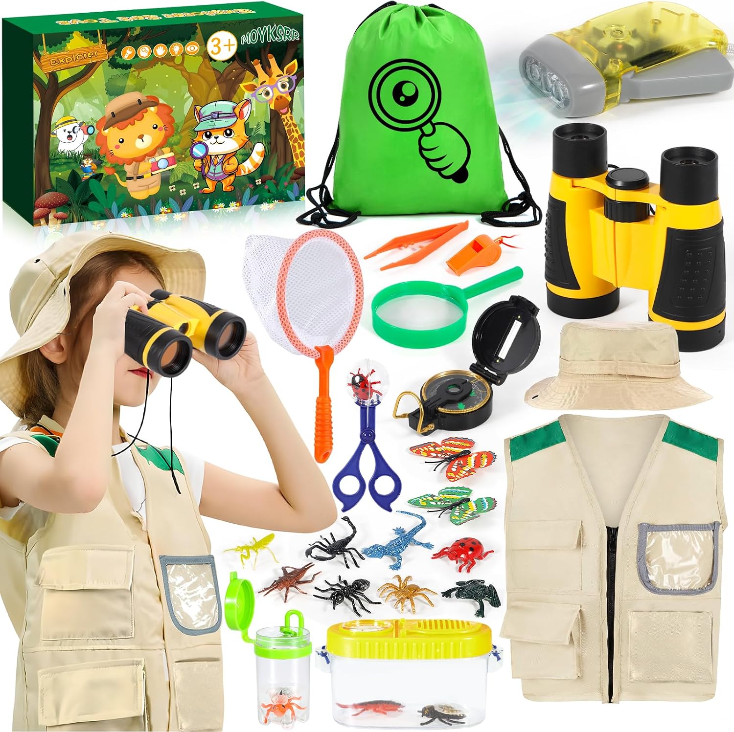 MOYKSRR Aire Libre Aventura Juguetes, Kit Explorador Niños con Chaleco de Safari, Sombrero y Prismáticos