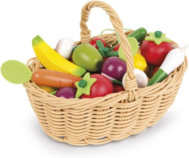 Janod - Cesta de 24 Frutas y Verduras - Cesta de La Compra de Imitación de Juguete - Ideal para Jugar Al Mercadillo - A Partir de 3 Años