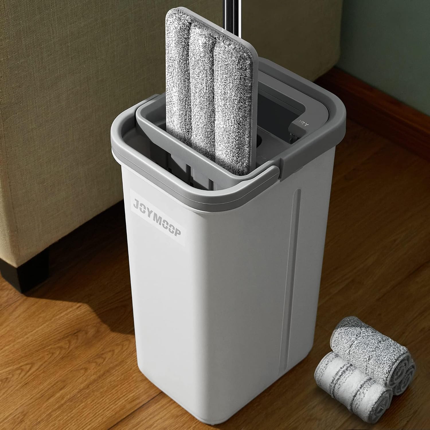 JOYMOOP Juego de fregona y Cubo con escurridor, fregona Plana Manos Libres y Cubo, con 3 Almohadillas de Microfibra Lavables