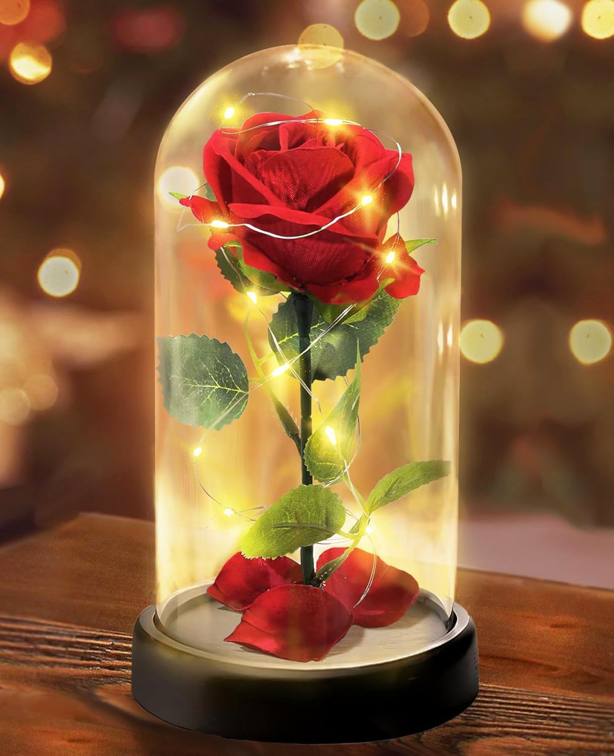 Touloube Rosa Eterna Regalos del Día de la Madre para Mujeres, Rosa Sant Jordi Roja con Base y Tarjeta de Felicitación, Regalo de Flor de Rosa en una Cúpula de Cristal