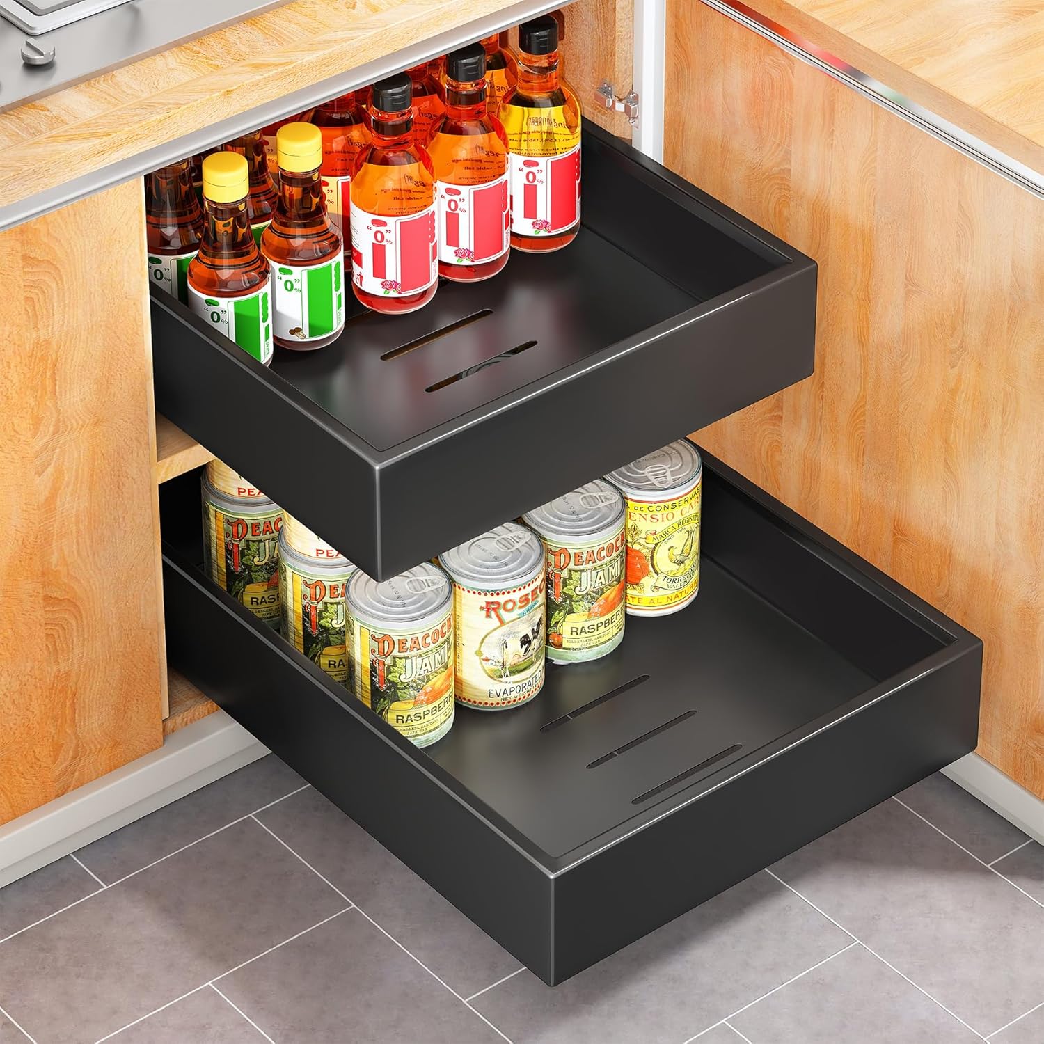 SAYZH Cajones Extraíbles para Cocina - Organizador Cocina con Bandeja Extraíble Armario (25x43x9 cm, Negro)