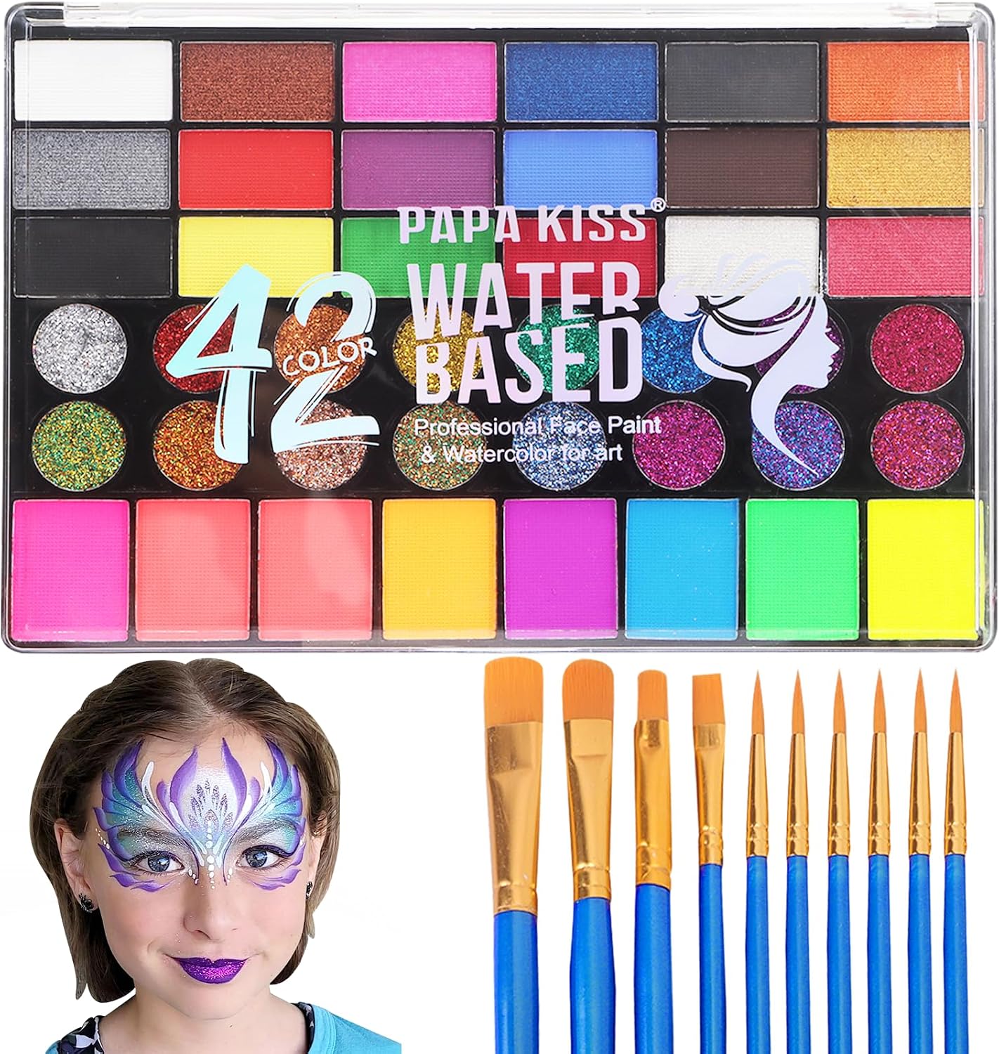 Zefphxs Kit de pintura facial, pintura corporal de 42 colores con 10 pinceles