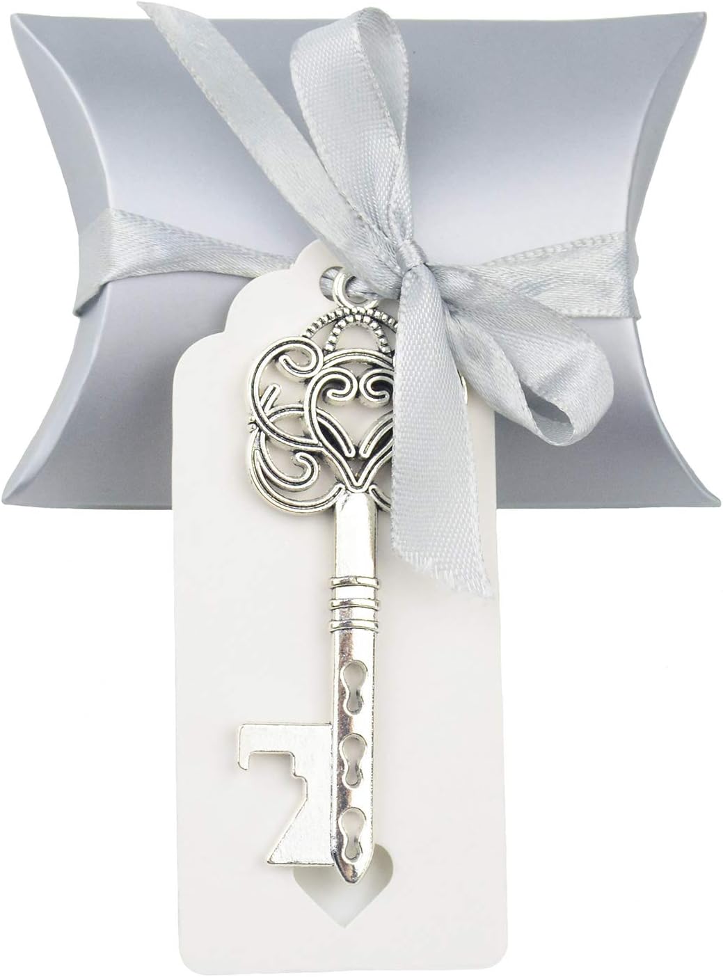 50pcs Favor de la Boda Regalo de Recuerdo Set Almohada Caja de Dulces Esqueleto de la Vendimia Llave Abrebotellas Escort Gracias Etiqueta French Ribbon