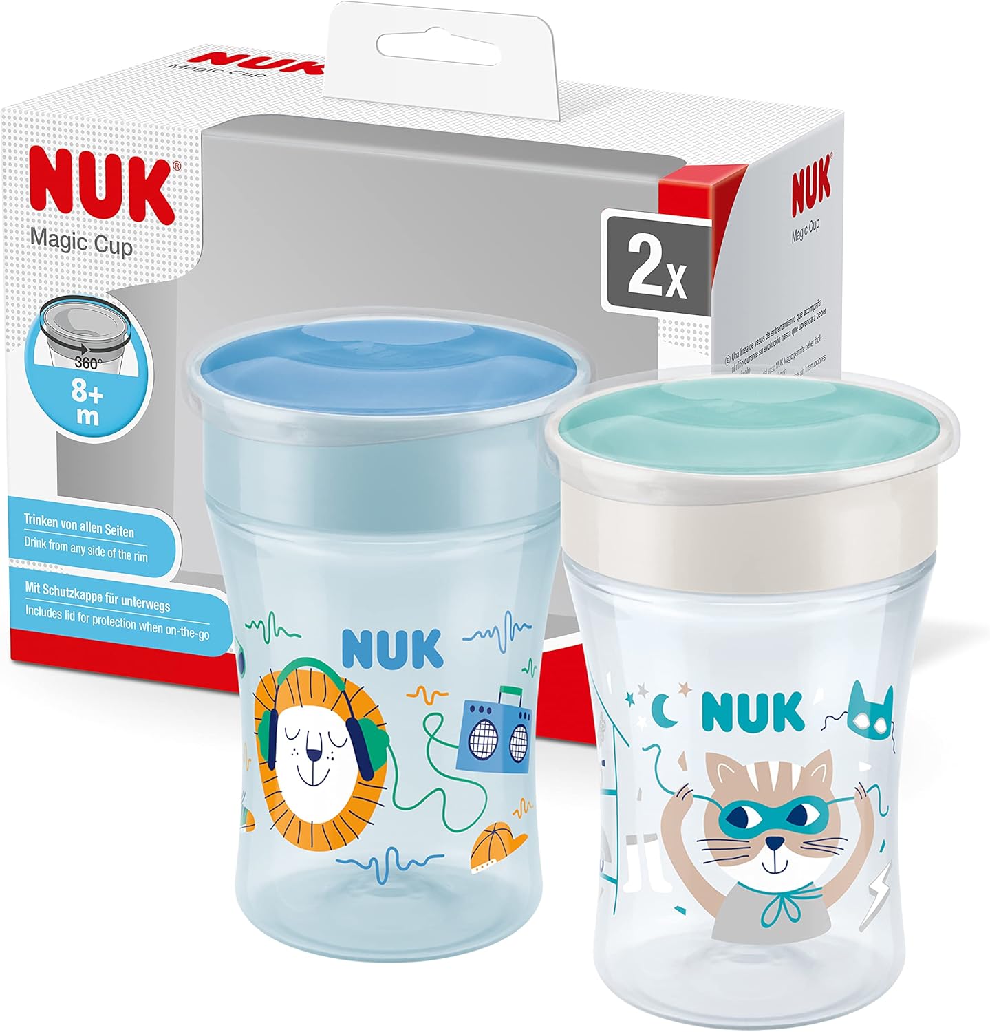 NUK Taza de aprendizaje Magic Cup | Borde 360° a prueba de fugas | 8+ meses | Libre BPA | 230ml | Erizo (azul) | 2 unidades