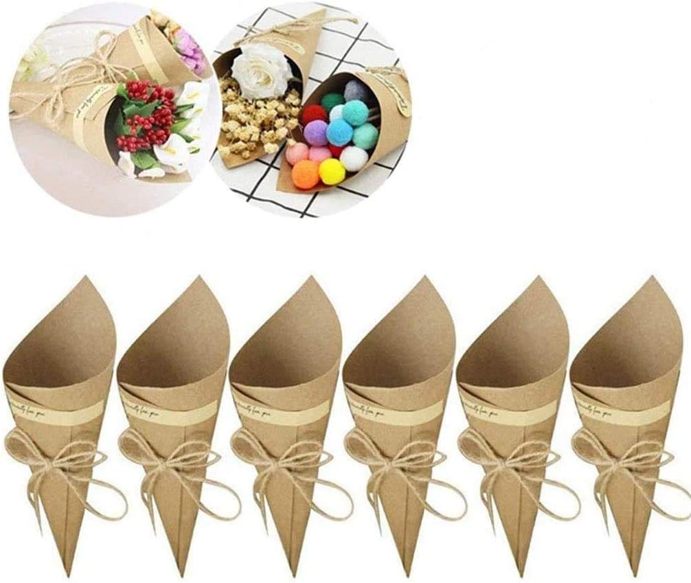 Shalwinn 50 Conos de Papel Kraft + 50 Cuerdas + 50 Pegatinas Paquetes para Caramelos, Arroz, Cajas para Caramelos de Boda
