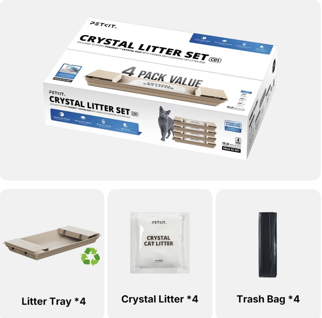 Așternut igienic silicatic crystal potrivit pentru litiera Purobot Crystal Duo (set 4 pachete)