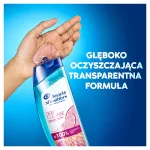 Infografika: butelka szamponu Head&Shoulders - DEEP CLEANSE GENTLE PURIFICATION - GŁĘBOKO OCZYSZCZAJĄCA TRANSPARENTNA FORMUŁA