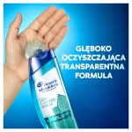 Infografika: butelka szamponu Head&Shoulders - DEEP CLEANSE ITCHY PREVENTION - GŁĘBOKO OCZYSZCZAJĄCA TRANSPARENTNA FORMUŁA