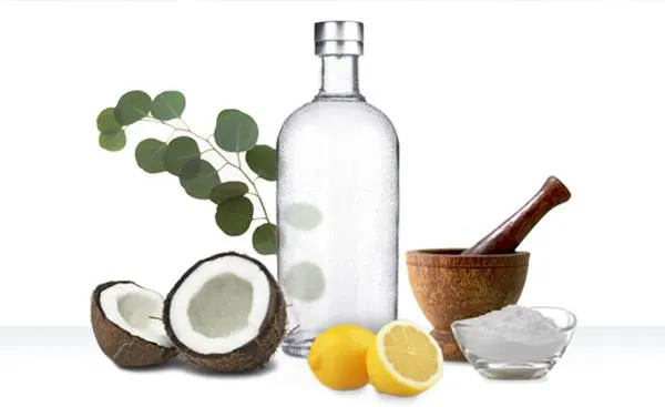Na białym tle wyłożone elementy: szklana butelka, kokos, soda oczyszczona, moździeż, przepołowiona cytryna i zielone liście.