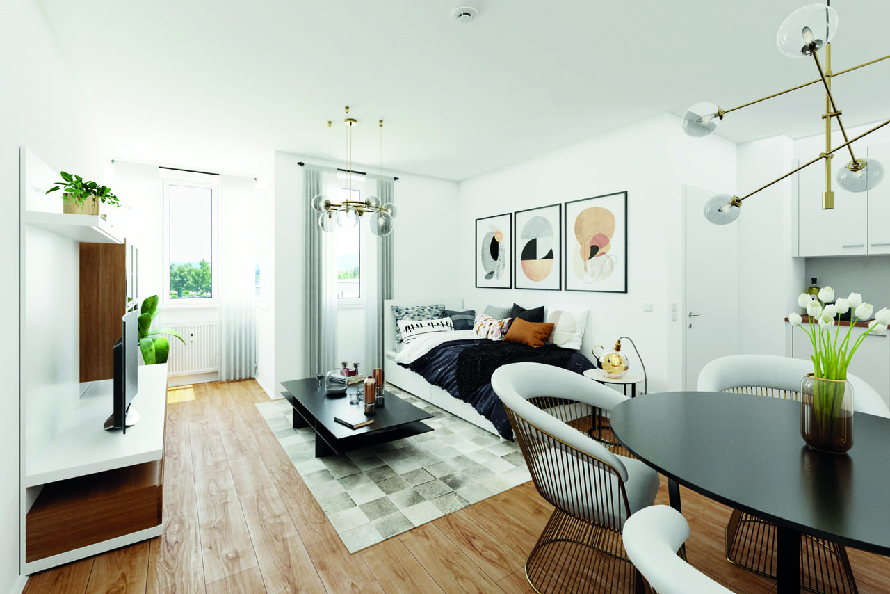 Wohnzimmer mit Möbeln und einem Holzboden