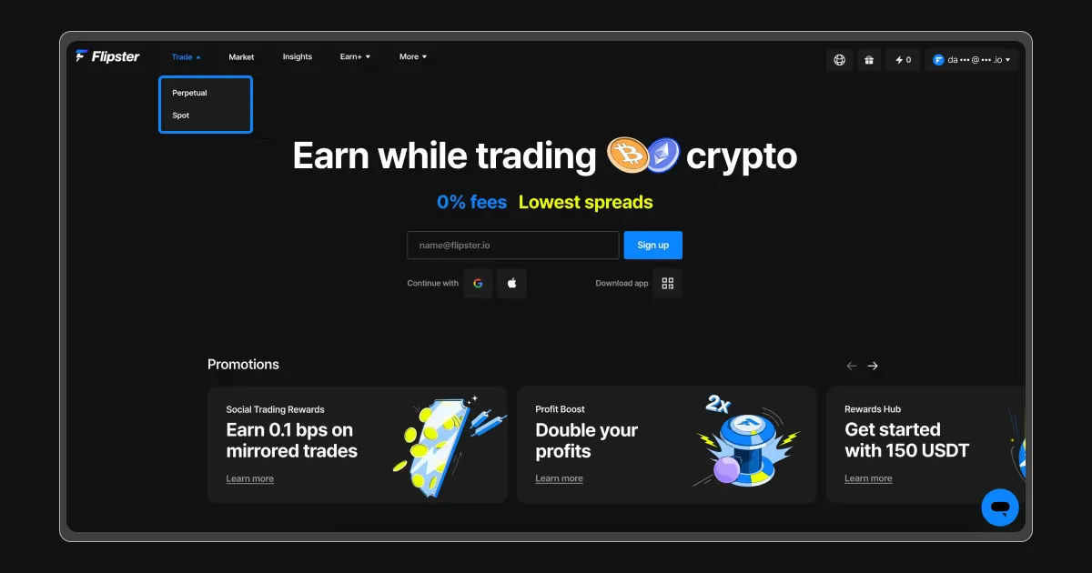 Flipster's Home Page with Trade Dropdown Menu
