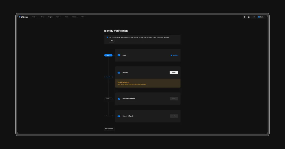 Completing the KYC process on Flipster: Navigate to the Account menu on the Flipster Website
