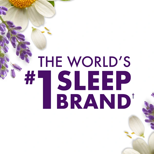Text "World's #1 sleep aid brand" with lavender sprigs and chamomile flowers on white background.