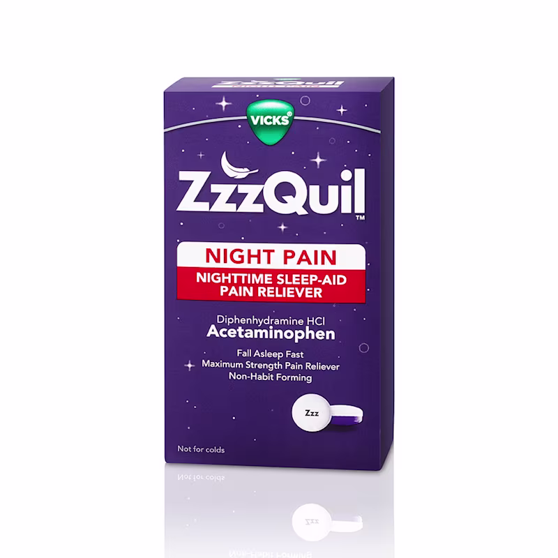 Purple package of ZzzQuil Night Pain nighttime sleep-aid and pain reliever.