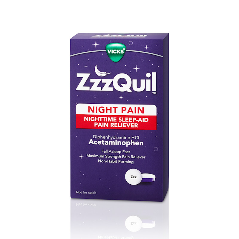 Purple package of ZzzQuil Night Pain nighttime sleep-aid and pain reliever.