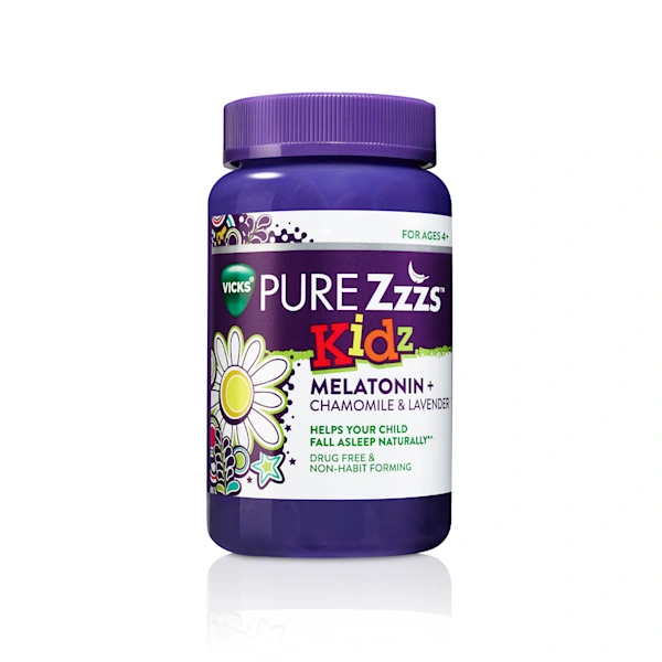 Purple bottle of Pure Zzzs Kidz Melatonin Sleep Aid Gummies.