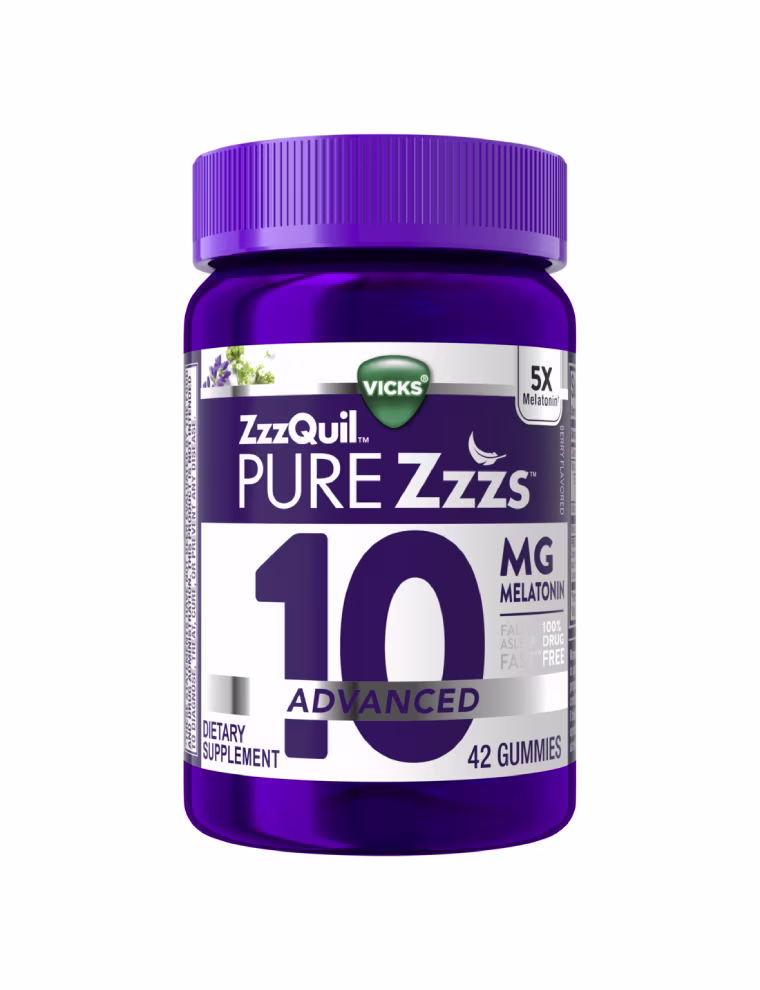 Purple bottle of ZzzQuil PURE Zzzs Advanced 10mg Melatonin Gummies.