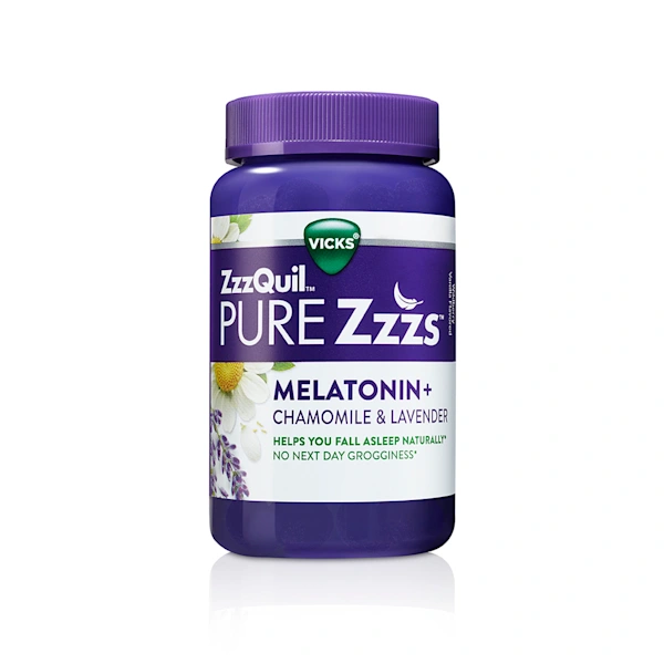 Purple bottle of ZzzQuil PURE Zzzs Melatonin Sleep Aid Gummies.